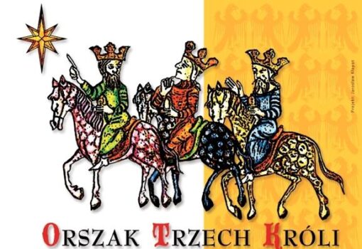 obrazek pokazuje trzech ludzi na koniach, z napisem orszak trzech kroli