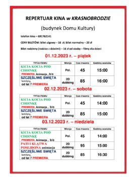 KINO W KRASNOBRODZKIM DOMU KULTURY – REPERTUAR 01-03.12.2023r.