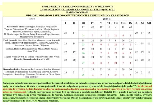 Harmonogram odbioru odpadów i surowców wtórnych z terenu Gminy Krasnobród, stawki za gospodarowanie odpadami komunalnymi